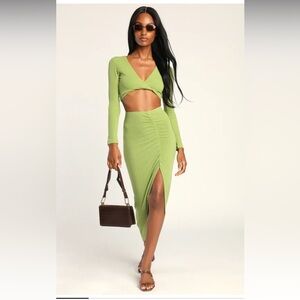 Setting the Standard Green Knit Two-Piece Twist-Front Midi Dress
